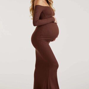 Brown Ribbed Off Shoulder Long Sleeve Maternity Maxi Dress